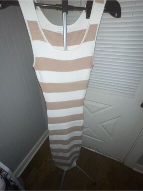 HYFVE Cream and White Striped Ribbed Maxi Dress